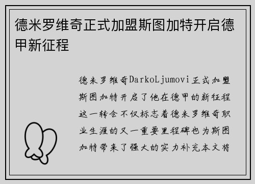 德米罗维奇正式加盟斯图加特开启德甲新征程 德米罗维奇正式加盟斯图加特开启德甲新征程